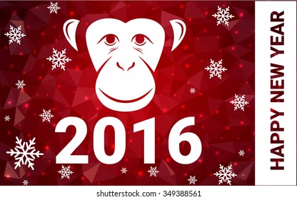 red monkey silhouette postcard low poly style with white snow vector illustration consisting of triangles. Abstract triangular polygonal origami or crystal background of New Years celebration.
