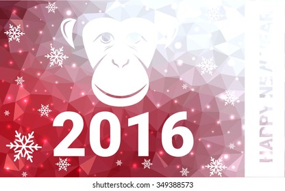 red monkey silhouette postcard low poly style with white snow vector illustration consisting of triangles. Abstract triangular polygonal origami or crystal background of New Years celebration.