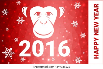 red monkey silhouette postcard low poly style with white snow vector illustration consisting of triangles. Abstract triangular polygonal origami or crystal background of New Years celebration.