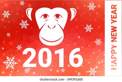 red monkey silhouette postcard low poly style with white snow vector illustration consisting of triangles. Abstract triangular polygonal origami or crystal background of New Years celebration.