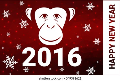 red monkey silhouette postcard low poly style with white snow vector illustration consisting of triangles. Abstract triangular polygonal origami or crystal background of New Years celebration.