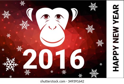 red monkey silhouette postcard low poly style with white snow vector illustration consisting of triangles. Abstract triangular polygonal origami or crystal background of New Years celebration.