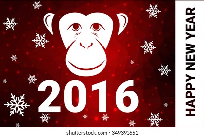 red monkey silhouette postcard low poly style with white snow vector illustration consisting of triangles. Abstract triangular polygonal origami or crystal background of New Years celebration.