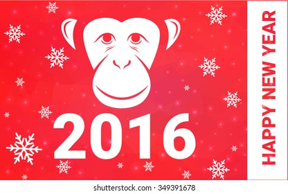 red monkey silhouette postcard low poly style with white snow vector illustration consisting of triangles. Abstract triangular polygonal origami or crystal background of New Years celebration.