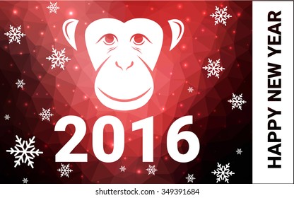 red monkey silhouette postcard low poly style with white snow vector illustration consisting of triangles. Abstract triangular polygonal origami or crystal background of New Years celebration.