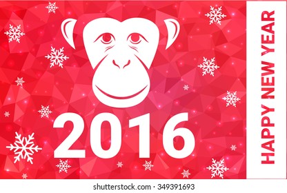 red monkey silhouette postcard low poly style with white snow vector illustration consisting of triangles. Abstract triangular polygonal origami or crystal background of New Years celebration.