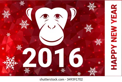 red monkey silhouette postcard low poly style with white snow vector illustration consisting of triangles. Abstract triangular polygonal origami or crystal background of New Years celebration.