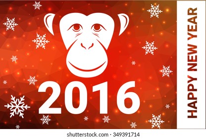 red monkey silhouette postcard low poly style with white snow vector illustration consisting of triangles. Abstract triangular polygonal origami or crystal background of New Years celebration.