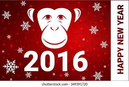 red monkey silhouette postcard low poly style with white snow vector illustration consisting of triangles. Abstract triangular polygonal origami or crystal background of New Years celebration.