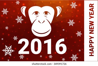 red monkey silhouette postcard low poly style with white snow vector illustration consisting of triangles. Abstract triangular polygonal origami or crystal background of New Years celebration.