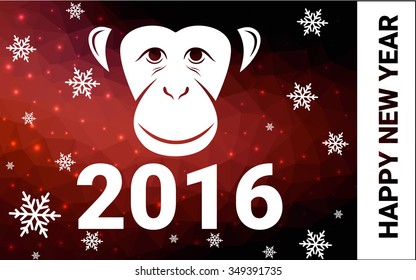 red monkey silhouette postcard low poly style with white snow vector illustration consisting of triangles. Abstract triangular polygonal origami or crystal background of New Years celebration.