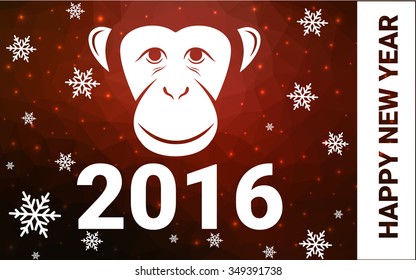red monkey silhouette postcard low poly style with white snow vector illustration consisting of triangles. Abstract triangular polygonal origami or crystal background of New Years celebration.