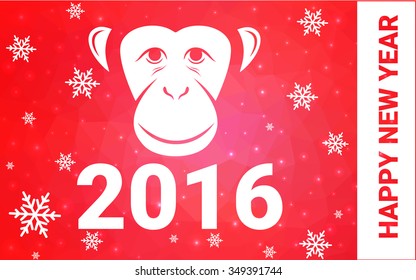red monkey silhouette postcard low poly style with white snow vector illustration consisting of triangles. Abstract triangular polygonal origami or crystal background of New Years celebration.