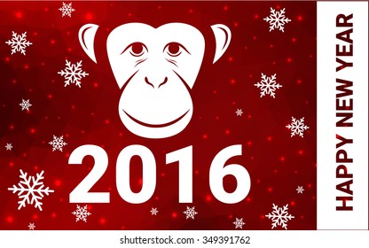 red monkey silhouette postcard low poly style with white snow vector illustration consisting of triangles. Abstract triangular polygonal origami or crystal background of New Years celebration.