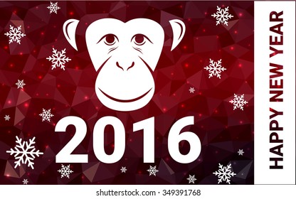 red monkey silhouette postcard low poly style with white snow vector illustration consisting of triangles. Abstract triangular polygonal origami or crystal background of New Years celebration.
