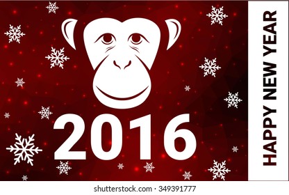 red monkey silhouette postcard low poly style with white snow vector illustration consisting of triangles. Abstract triangular polygonal origami or crystal background of New Years celebration.