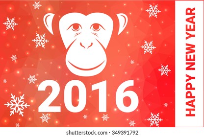 red monkey silhouette postcard low poly style with white snow vector illustration consisting of triangles. Abstract triangular polygonal origami or crystal background of New Years celebration.