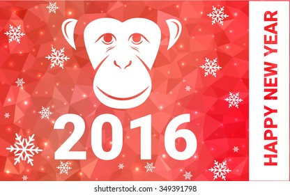 red monkey silhouette postcard low poly style with white snow vector illustration consisting of triangles. Abstract triangular polygonal origami or crystal background of New Years celebration.