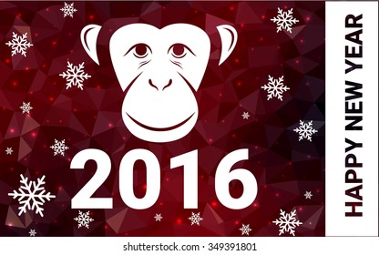 red monkey silhouette postcard low poly style with white snow vector illustration consisting of triangles. Abstract triangular polygonal origami or crystal background of New Years celebration.