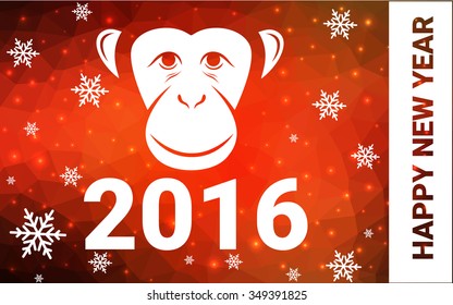 red monkey silhouette postcard low poly style with white snow vector illustration consisting of triangles. Abstract triangular polygonal origami or crystal background of New Years celebration.