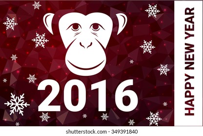 red monkey silhouette postcard low poly style with white snow vector illustration consisting of triangles. Abstract triangular polygonal origami or crystal background of New Years celebration.