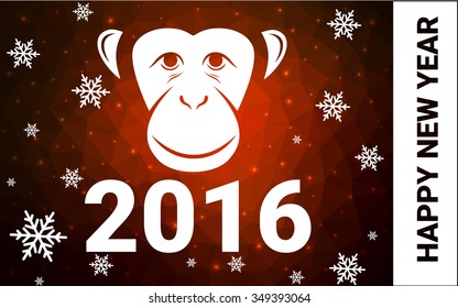 red monkey silhouette postcard low poly style with white snow vector illustration consisting of triangles. Abstract triangular polygonal origami or crystal background of New Years celebration.