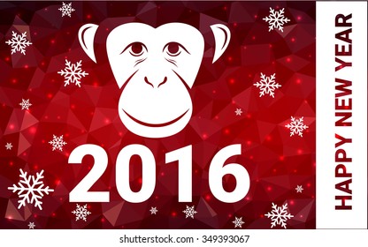 red monkey silhouette postcard low poly style with white snow vector illustration consisting of triangles. Abstract triangular polygonal origami or crystal background of New Years celebration.