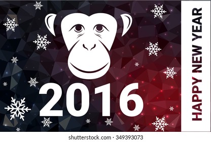 red monkey silhouette postcard low poly style with white snow vector illustration consisting of triangles. Abstract triangular polygonal origami or crystal background of New Years celebration.