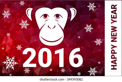 red monkey silhouette postcard low poly style with white snow vector illustration consisting of triangles. Abstract triangular polygonal origami or crystal background of New Years celebration.