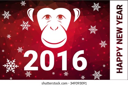 red monkey silhouette postcard low poly style with white snow vector illustration consisting of triangles. Abstract triangular polygonal origami or crystal background of New Years celebration.