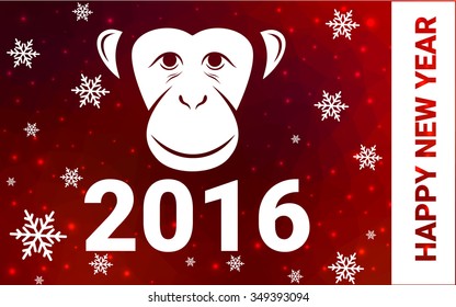 red monkey silhouette postcard low poly style with white snow vector illustration consisting of triangles. Abstract triangular polygonal origami or crystal background of New Years celebration.