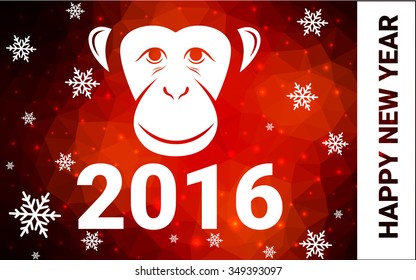 red monkey silhouette postcard low poly style with white snow vector illustration consisting of triangles. Abstract triangular polygonal origami or crystal background of New Years celebration.