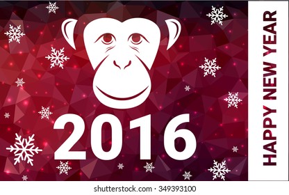 red monkey silhouette postcard low poly style with white snow vector illustration consisting of triangles. Abstract triangular polygonal origami or crystal background of New Years celebration.