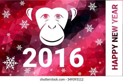red monkey silhouette postcard low poly style with white snow vector illustration consisting of triangles. Abstract triangular polygonal origami or crystal background of New Years celebration.