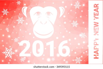 red monkey silhouette postcard low poly style with white snow vector illustration consisting of triangles. Abstract triangular polygonal origami or crystal background of New Years celebration.