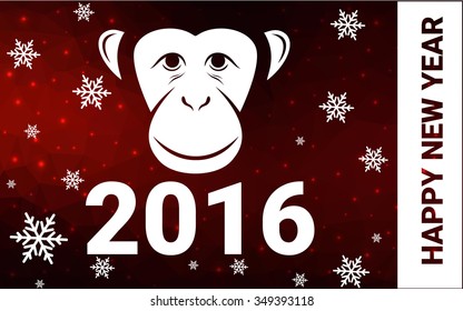 red monkey silhouette postcard low poly style with white snow vector illustration consisting of triangles. Abstract triangular polygonal origami or crystal background of New Years celebration.