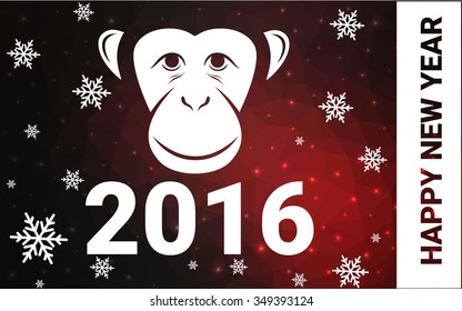 red monkey silhouette postcard low poly style with white snow vector illustration consisting of triangles. Abstract triangular polygonal origami or crystal background of New Years celebration.
