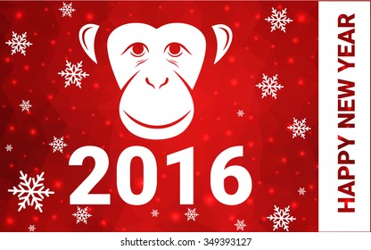 red monkey silhouette postcard low poly style with white snow vector illustration consisting of triangles. Abstract triangular polygonal origami or crystal background of New Years celebration.
