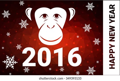red monkey silhouette postcard low poly style with white snow vector illustration consisting of triangles. Abstract triangular polygonal origami or crystal background of New Years celebration.