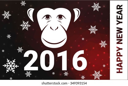 red monkey silhouette postcard low poly style with white snow vector illustration consisting of triangles. Abstract triangular polygonal origami or crystal background of New Years celebration.