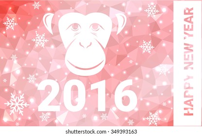 red monkey silhouette postcard low poly style with white snow vector illustration consisting of triangles. Abstract triangular polygonal origami or crystal background of New Years celebration.