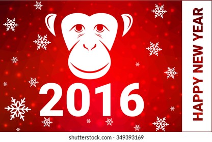 red monkey silhouette postcard low poly style with white snow vector illustration consisting of triangles. Abstract triangular polygonal origami or crystal background of New Years celebration.