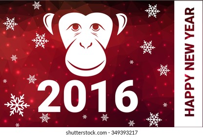red monkey silhouette postcard low poly style with white snow vector illustration consisting of triangles. Abstract triangular polygonal origami or crystal background of New Years celebration.