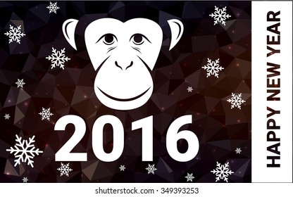 red monkey silhouette postcard low poly style with white snow vector illustration consisting of triangles. Abstract triangular polygonal origami or crystal background of New Years celebration.