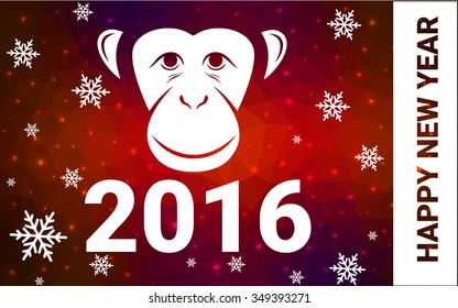 red monkey silhouette postcard low poly style with white snow vector illustration consisting of triangles. Abstract triangular polygonal origami or crystal background of New Years celebration.