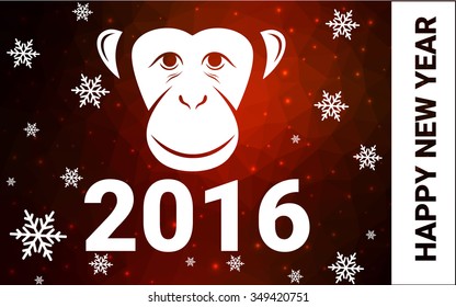 red monkey silhouette postcard low poly style with white snow vector illustration consisting of triangles. Abstract triangular polygonal origami or crystal background of New Years celebration.