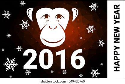 red monkey silhouette postcard low poly style with white snow vector illustration consisting of triangles. Abstract triangular polygonal origami or crystal background of New Years celebration.