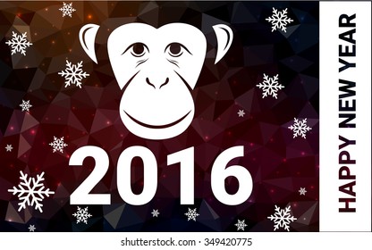 red monkey silhouette postcard low poly style with white snow vector illustration consisting of triangles. Abstract triangular polygonal origami or crystal background of New Years celebration.