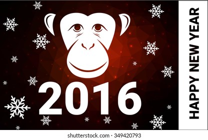 red monkey silhouette postcard low poly style with white snow vector illustration consisting of triangles. Abstract triangular polygonal origami or crystal background of New Years celebration.