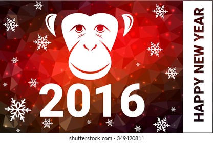 red monkey silhouette postcard low poly style with white snow vector illustration consisting of triangles. Abstract triangular polygonal origami or crystal background of New Years celebration.